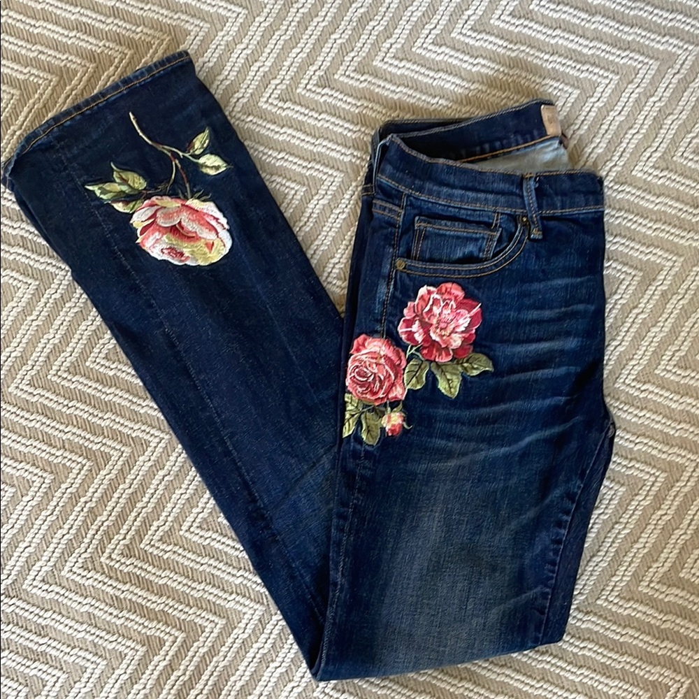 DRIFTWOOD Blue and Pink Straight Leg Jeans with Floral Embroidery